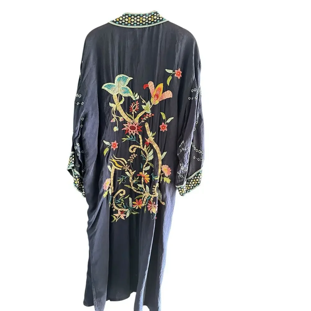 Johnny Was Long Kimono Jacket Summer Floral Embroidered Navy Blue Size Small - Picture 4 of 9